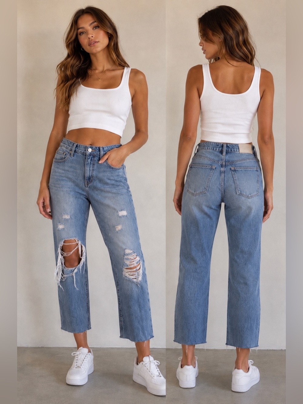 BP Jeans 29 Capri High Waist Destroyed Hem Straight Leg Blue Distressed Cotton